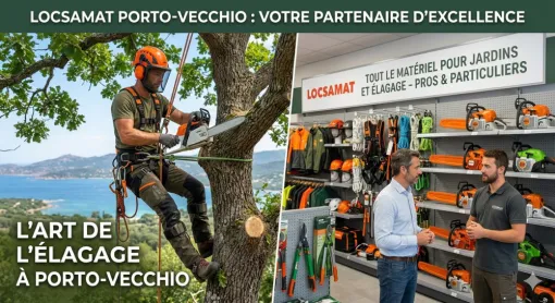 Magasin Locsamat à Porto-Vecchio : vente de tronçonneuses professionnelles et équipement complet d'élagage avec harnais de sécurité pour particuliers et paysagistes.